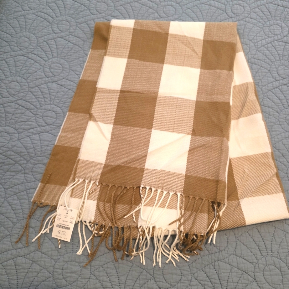 J. Crew Scarf White Tan Plaid LARGE fall cozy western Tassle CABIN CORE
